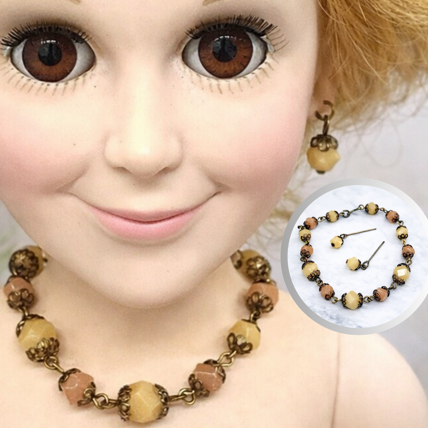 Brown Beige Bead Bronze Filigree Necklace Earrings Set for 18-22” Vintage Doll