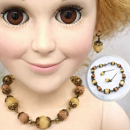 Brown Beige Bead Bronze Filigree Necklace Earrings Set for 18-22” Vintage Doll