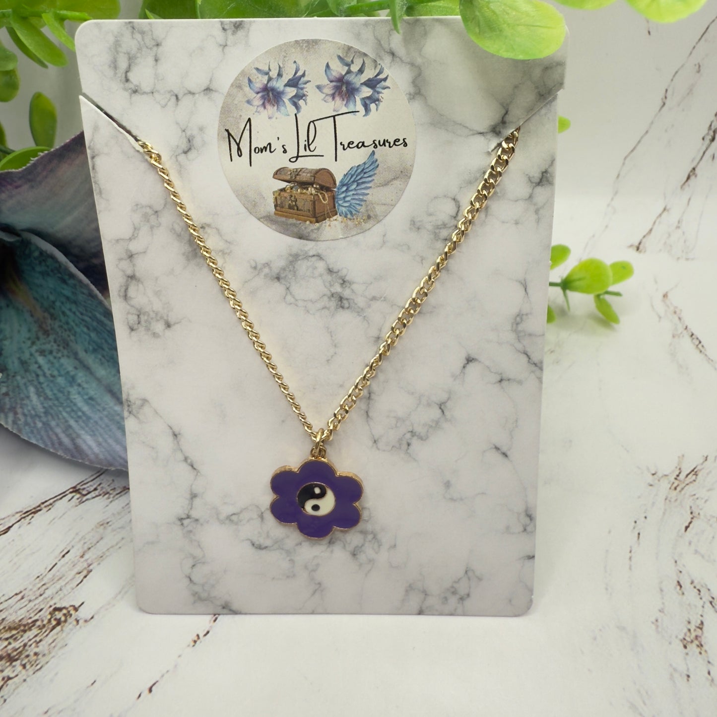 Yin-Yang Purple Flower Charm Gold Chain Doll Necklace • 18 Inch Fashion Doll Jewelry