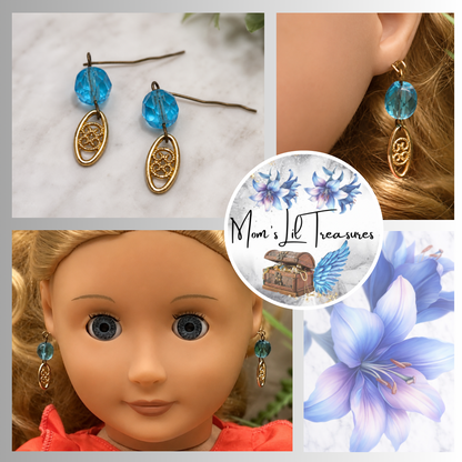 Turquoise Blue Glass Gold  Dangle Doll Earrings for 18 Inch Fashion Doll • Doll Jewelry