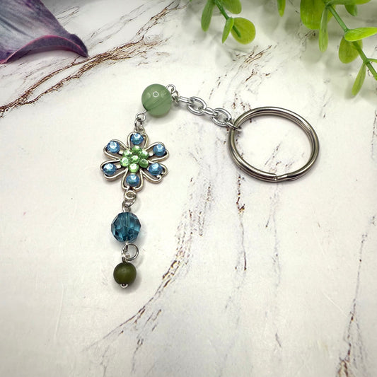 Silver Flower Light Blue Green Rhinestone Acrylic Beads • Key Chain / Car Charm