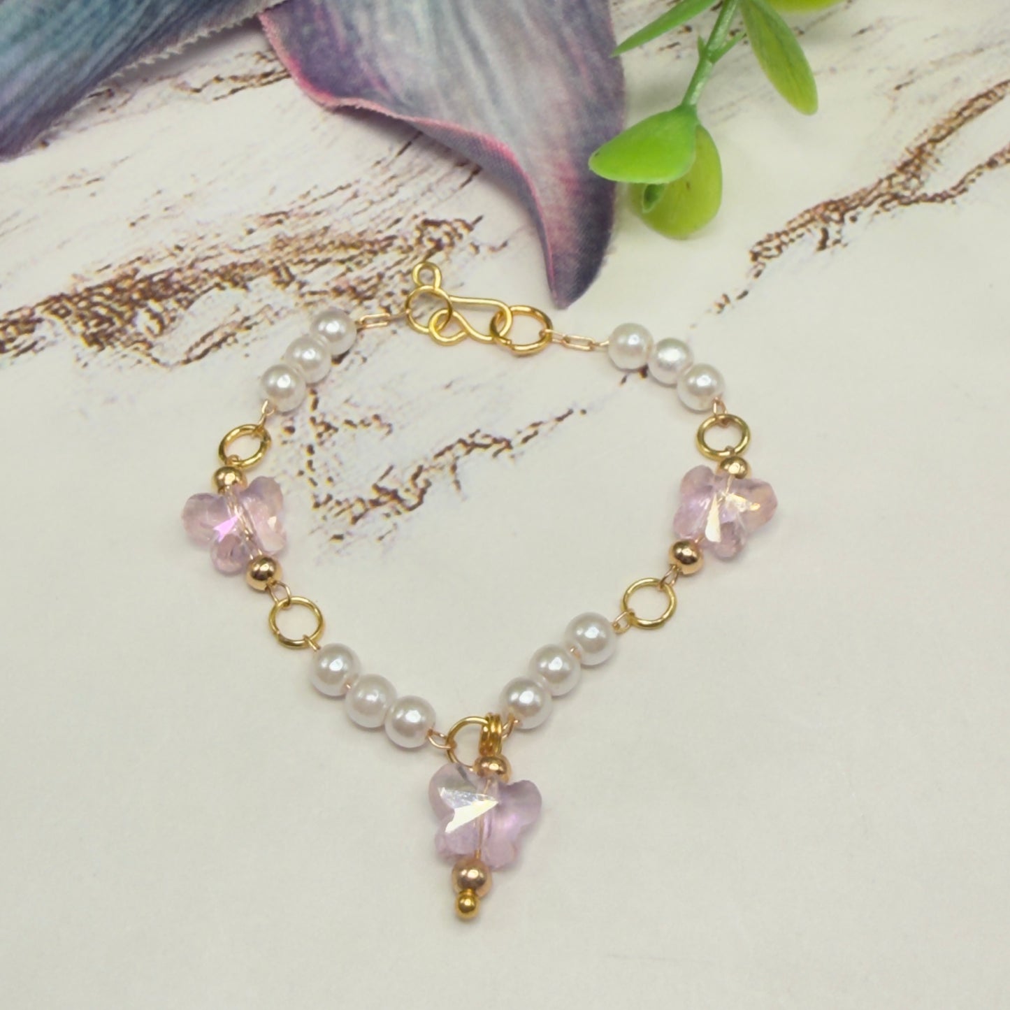 Light Pink Crystal Butterfly & Pearl Beaded Doll Necklace • 14 Inch Fashion Doll Jewelry