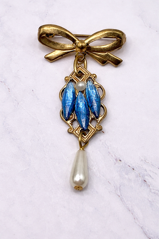 Gold Tone Pin Blue Rhinestone and Pearl Dangle Accent • Doll Brooch
