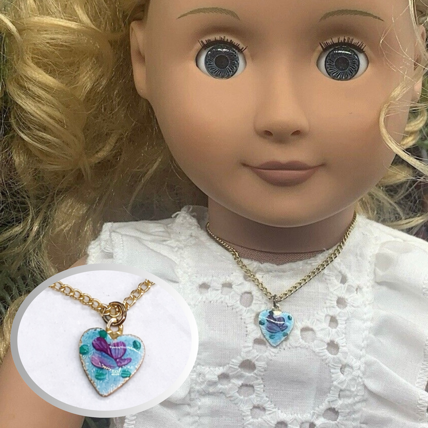Blue Enamel Heart Rose Design Doll Necklace • 18 Inch Fashion Doll Jewelry