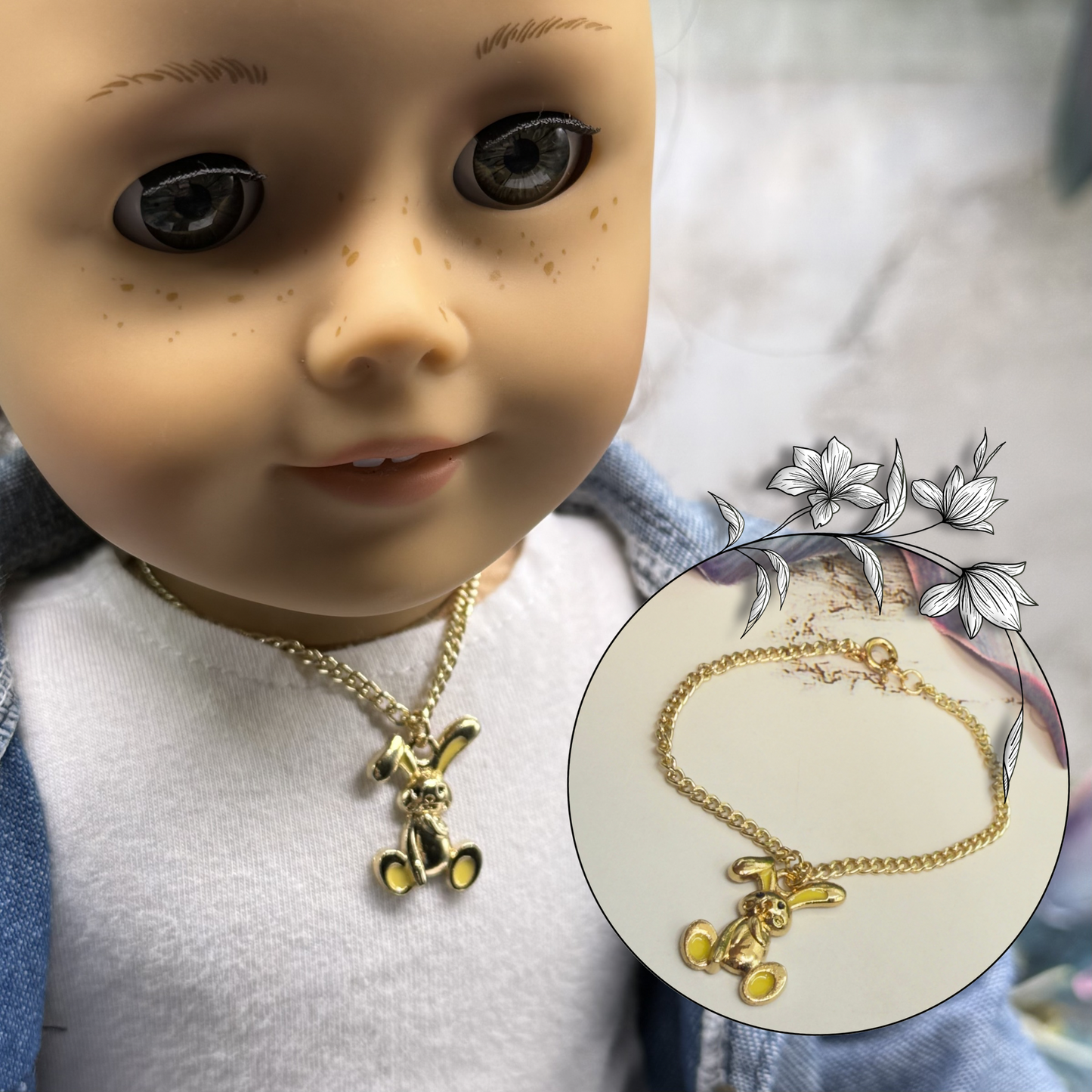 Yellow Ears Paws Floppy Ear Bunny Charm Gold Doll Necklace • 18 Inch Fashion Doll Jewelry