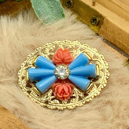 Gold Tone Oval Filigree Blue & Coral Rose Accents Pin • Doll Brooch