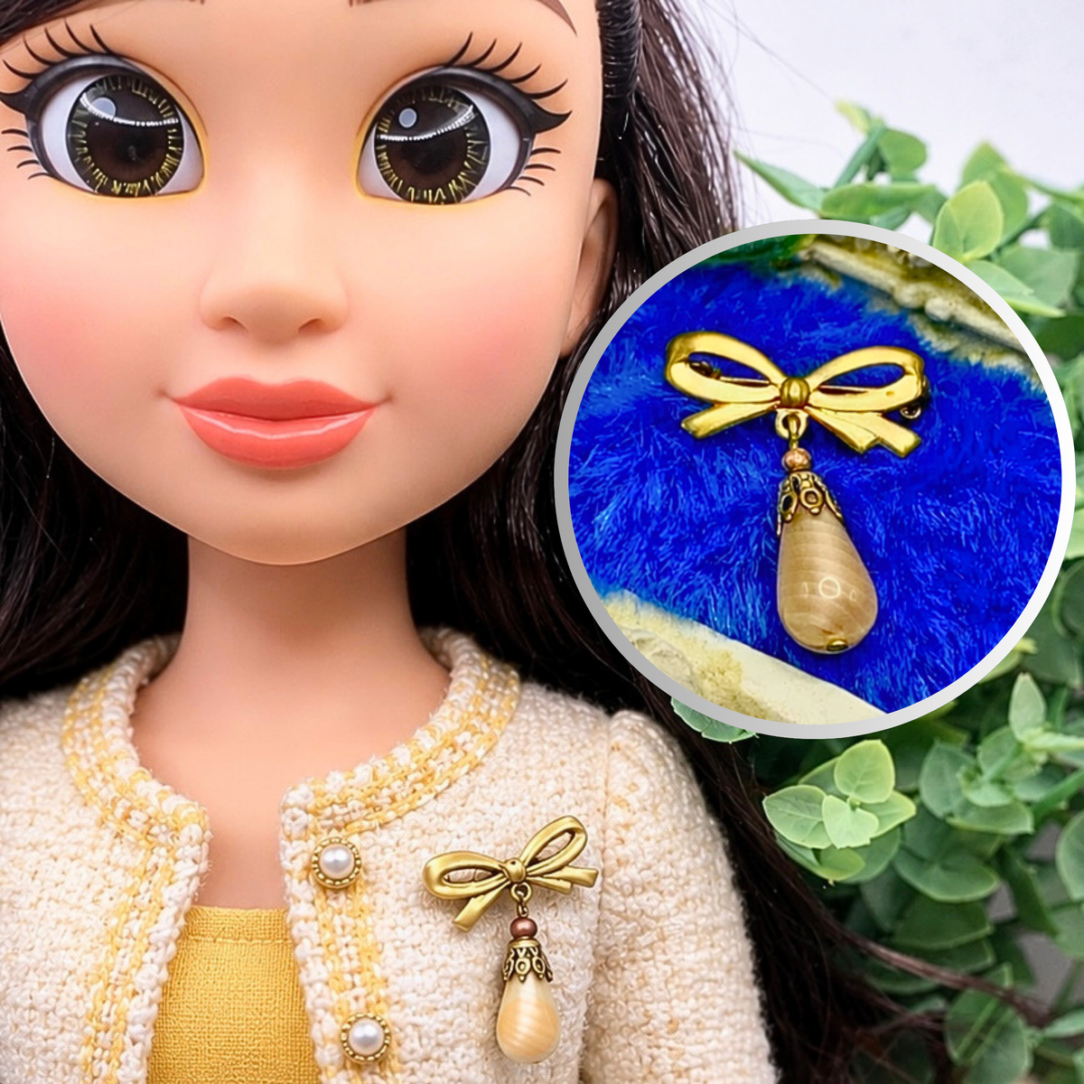 Tan Beige Glass Teardrop Pendant with Gold Tone Bow Pin • Doll Brooch