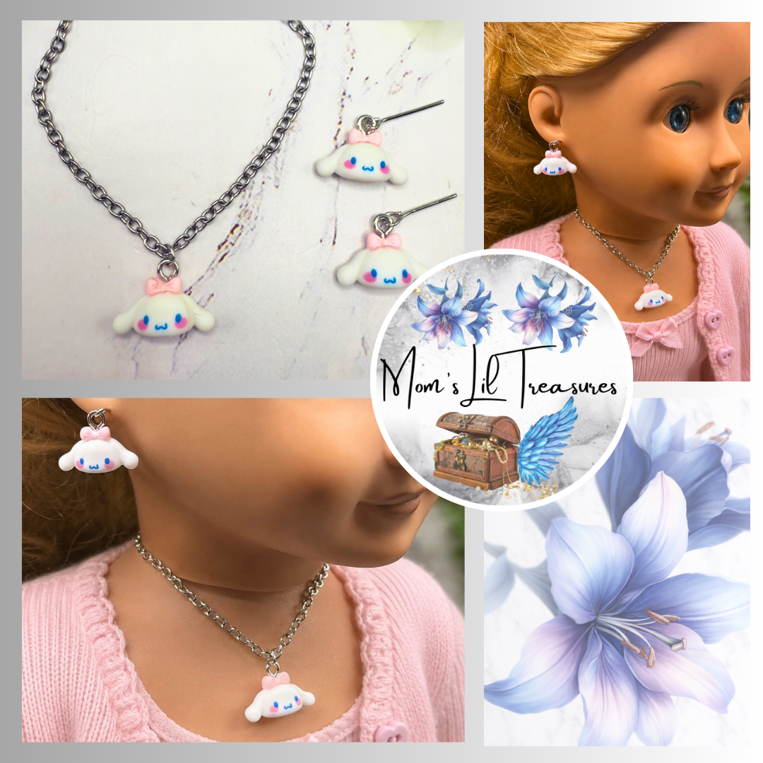 Cinnamoroll Sanrio White Puppy Charm Doll Necklace & Earrings • 18 Inch Fashion Doll Jewelry