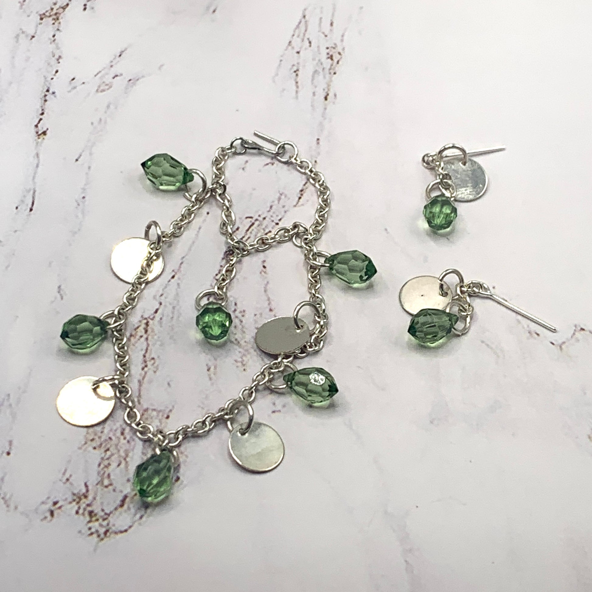 Green Clear Acrylic Crystal Silver Doll Necklace Earring Set • 16” Doll Jewelry