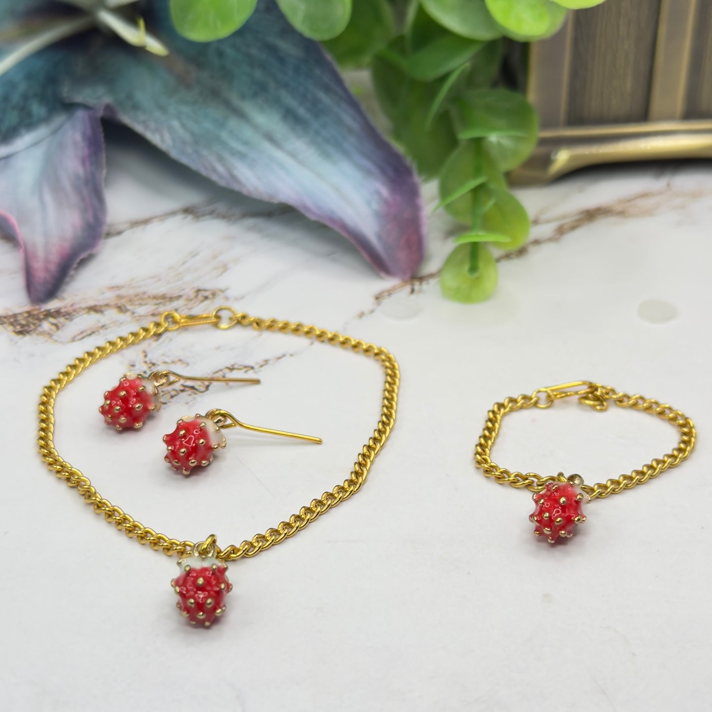 Strawberry Enamel Design Charm Doll Necklace - Bracelet & Earrings Set • 18 Inch Fashion Doll Jewelry