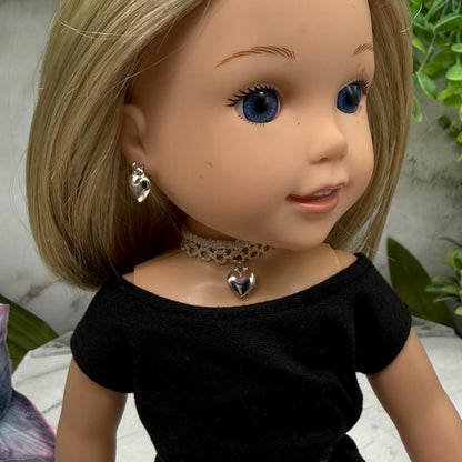 Beige Lace Choker Silver Heart Charm Doll Necklace & Earrings Set • 14 Inch Fashion Doll Jewelry