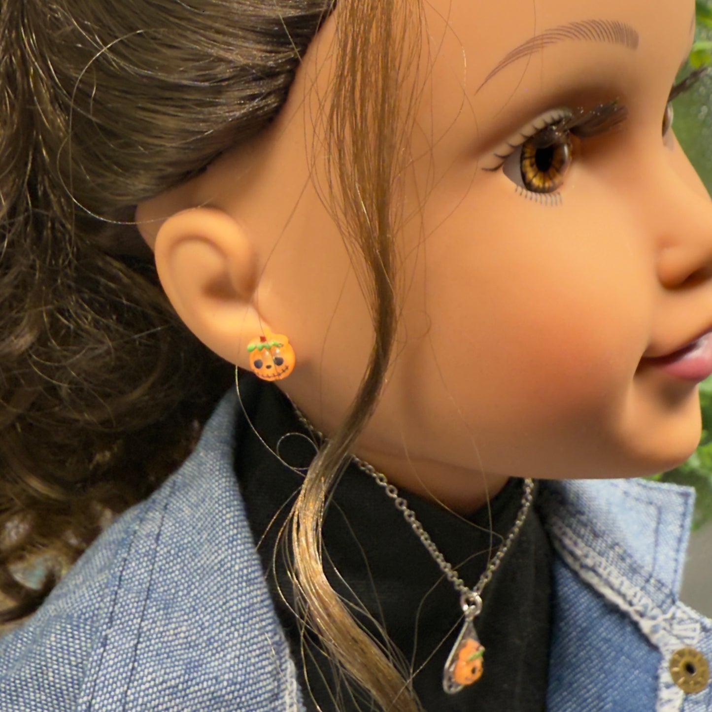 Pumpkin Halloween Pendant Silver Doll Necklace and Post Earrings • 18 Inch Fashion Doll Jewelry