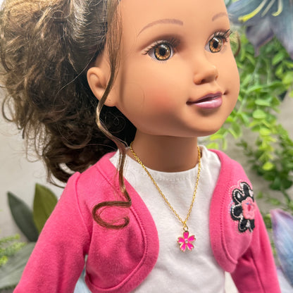Pink Flower Charm Rhinestone Center Gold Doll Necklace • 18 Inch Fashion Doll Jewelry