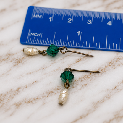Green Glass Crystal Pearl Necklace Earring Set • 18-22 Inch Doll Jewelry