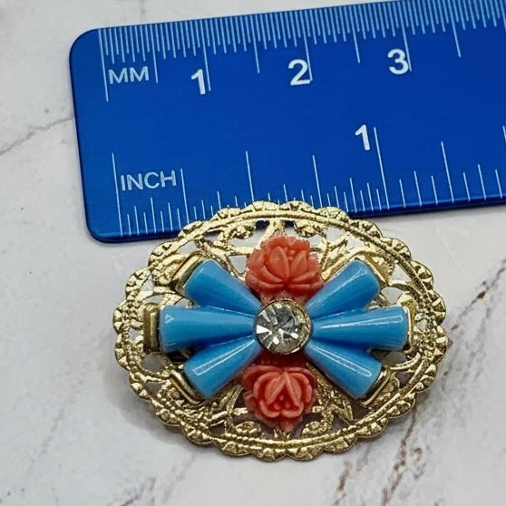 Gold Tone Oval Filigree Blue & Coral Rose Accents Pin • Doll Brooch