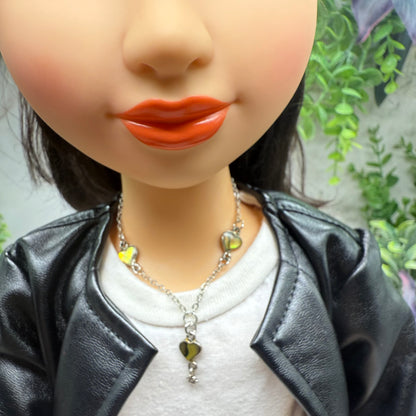 Green Multi Tone Abalone Heart Charm Y-Style Doll Necklace • 18 Inch Fashion Doll Jewelry