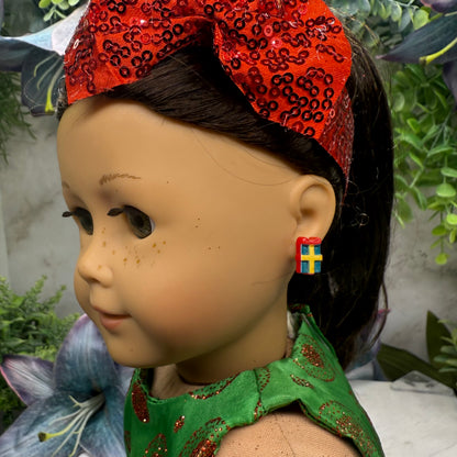 Christmas Gift Present Red Green Post Doll Earrings • 2mm Post for 18 Inch Fashion Doll