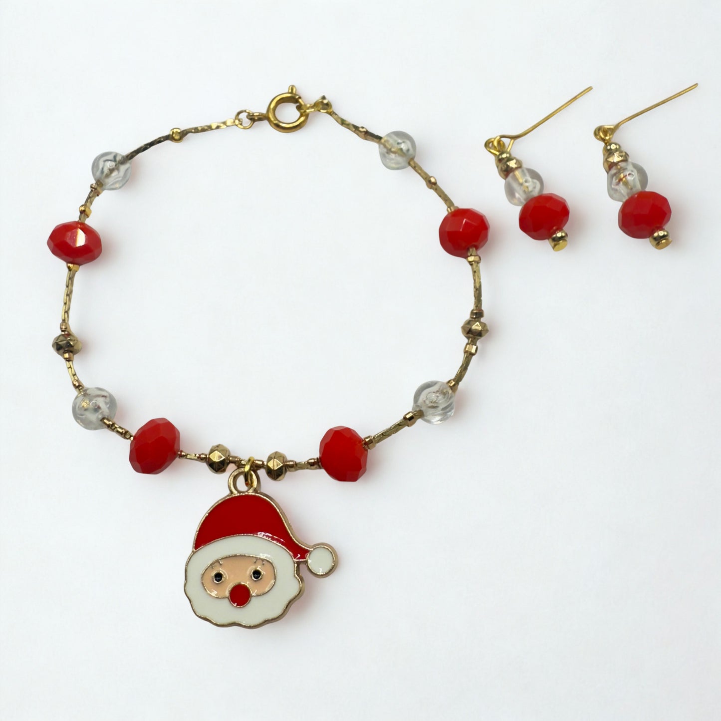 Red & Clear Acrylic Beads Santa Charm Gold Doll Necklace and Earrings Set • 18 Inch Fashion Doll Jewelry