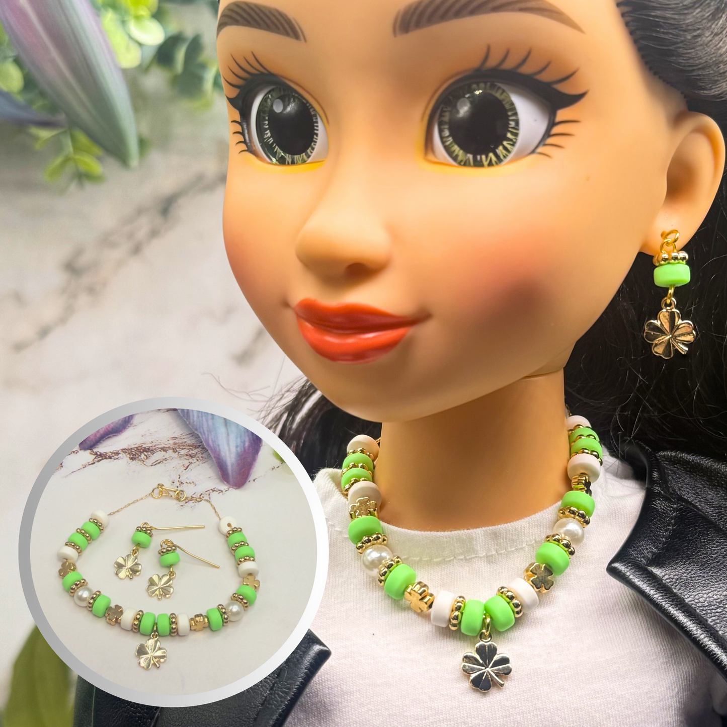 Green White Beaded Gold Four-Leaf Clover Charms Doll Necklace & Earrings • 18 Inch Fashion Doll Jewelry