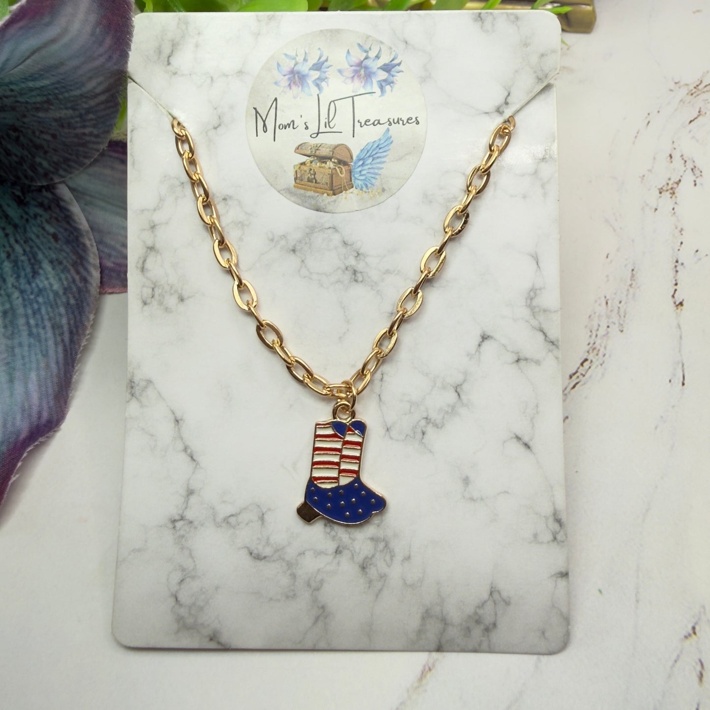 Red White Blue Flag Cowboy Boots Charm Gold Chain Doll Necklace for 18 Inch Fashion Doll
