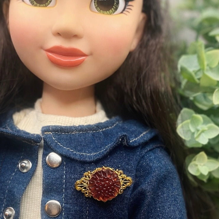 Gold Tone Filigree Brown Acrylic Button Flower Design • Doll Brooch