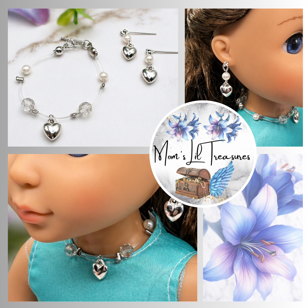 Silver Heart Charm Nylon String Pearl & Acrylic Crystal Necklace & Earrings • 14 Inch Fashion Doll Jewelry