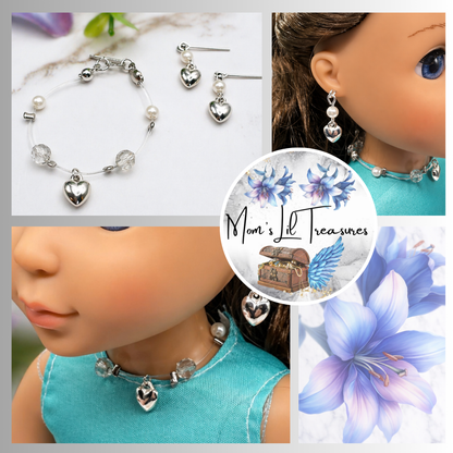Silver Heart Charm Nylon String Pearl & Acrylic Crystal Necklace & Earrings • 14 Inch Fashion Doll Jewelry