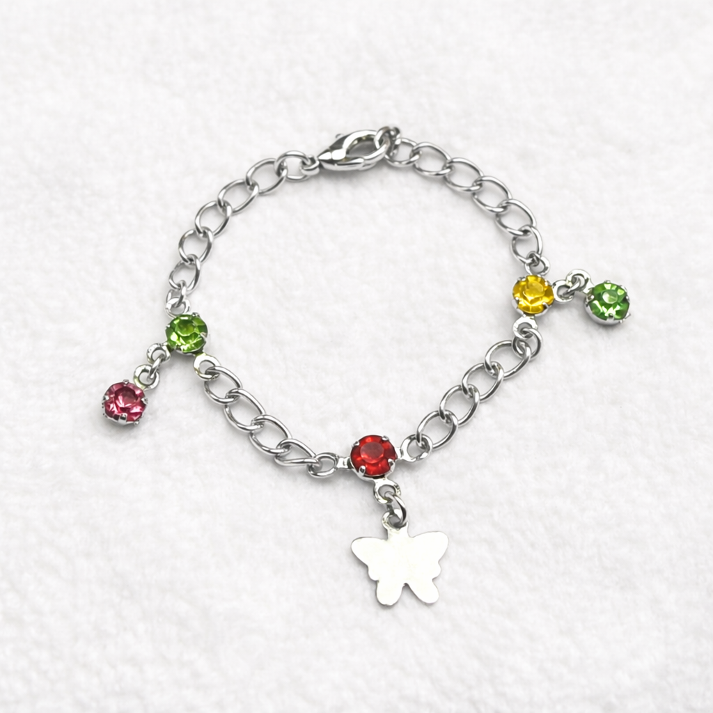 Butterfly Silver Charm and Multi-Color Rhinestone Dangle Doll Bracelet • 18 Inch Fashion Doll Jewelry