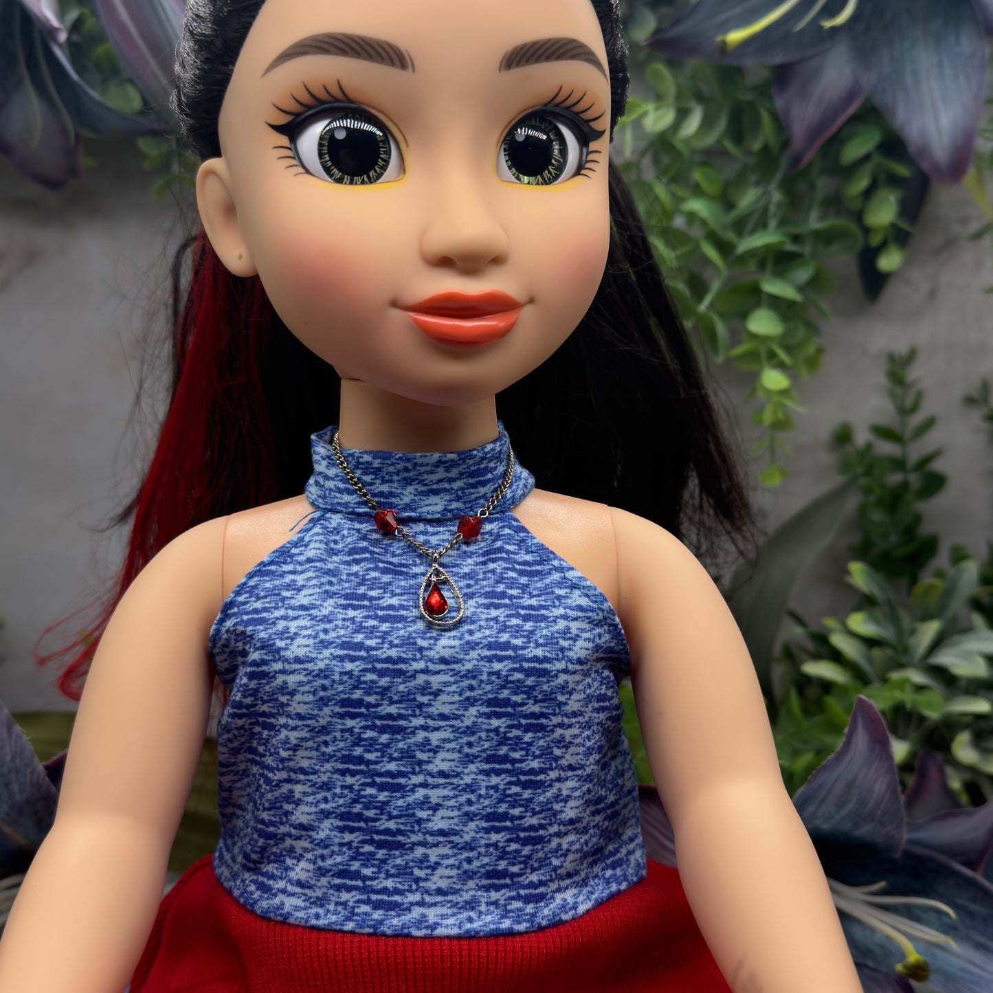 Red Glass Crystal Teardrop Rhinestone Pendant Silver Chain Doll Necklace • 18 Inch Fashion Doll Jewelry