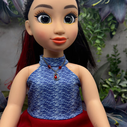 Red Glass Crystal Teardrop Rhinestone Pendant Silver Chain Doll Necklace • 18 Inch Fashion Doll Jewelry