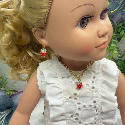 Strawberry Enamel Gold Charm Necklace & Earrings Set • 18 Inch Fashion Doll Jewelry