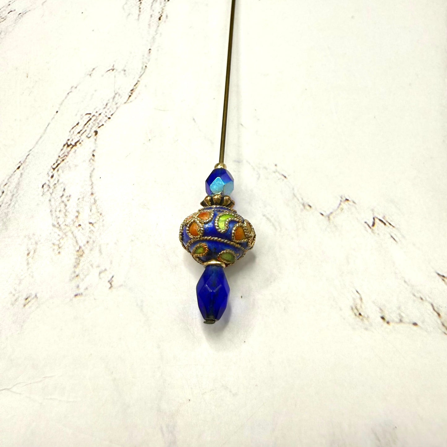 Cobalt Blue Crystal Bright Color Floral Swirl Design Cloisonné - 6 Inch • Hatpin - Stick Pin