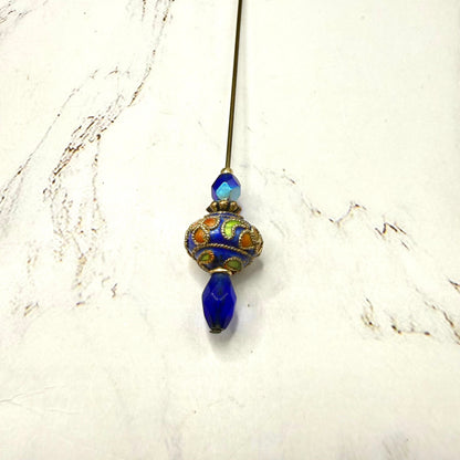 Cobalt Blue Crystal Bright Color Floral Swirl Design Cloisonné - 6 Inch • Hatpin - Stick Pin