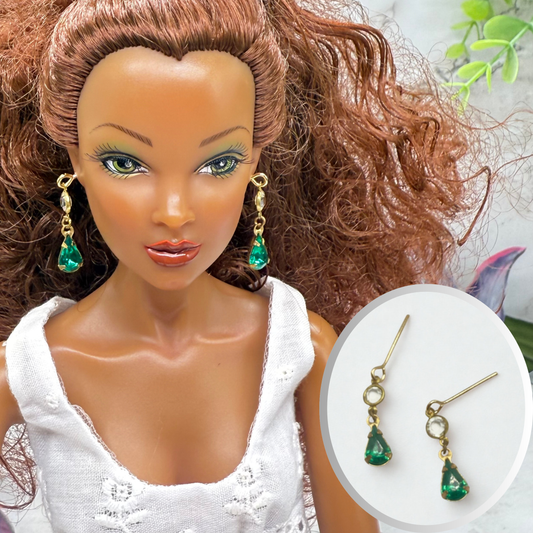 Green Teardrop Rhinestone Clear Crystal Dangle Doll Earrings • 16 Inch Fashion Doll Jewelry