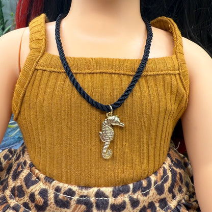 Gold Seahorse Pendant Black Fabric Cord Doll Necklace • 18 Inch Fashion Doll Jewelry