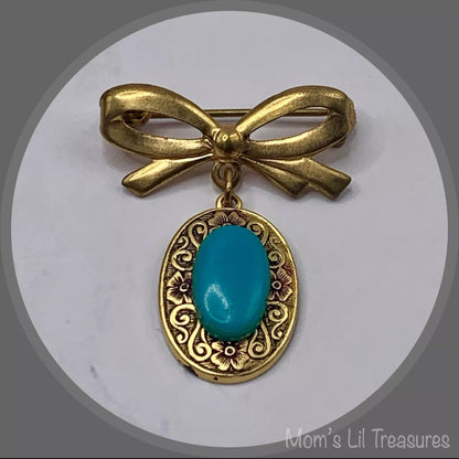 Gold Tone Turquoise Blue Pendant • Doll Brooch