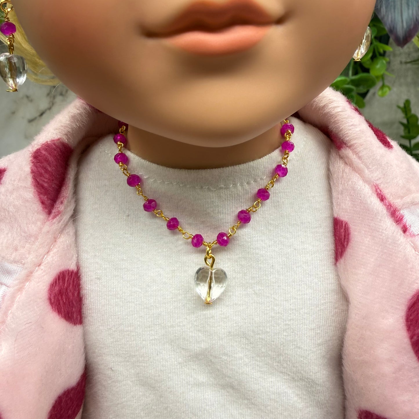 Fuchsia Pink Glass Crystal Bead Chain Clear Heart Charm Doll Necklace & Earrings • 18 Inch Fashion Doll Jewelry