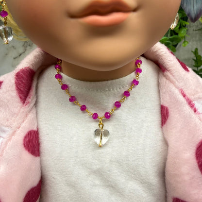 Fuchsia Pink Glass Crystal Bead Chain Clear Heart Charm Doll Necklace & Earrings • 18 Inch Fashion Doll Jewelry