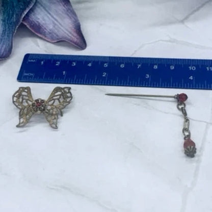 Butterfly Filigree Hair Clip Barrette Chain Dangle Red Crystal Hair Pin