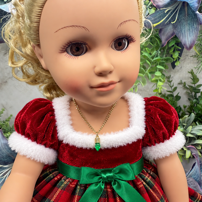 Green Christmas Light Charm Gold Doll Necklace • 18 Inch Fashion Doll Jewelry