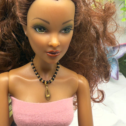 Black Glass Beaded Gold Teardrop Pendant Doll Necklace • 16 Inch Fashion Doll Jewelry