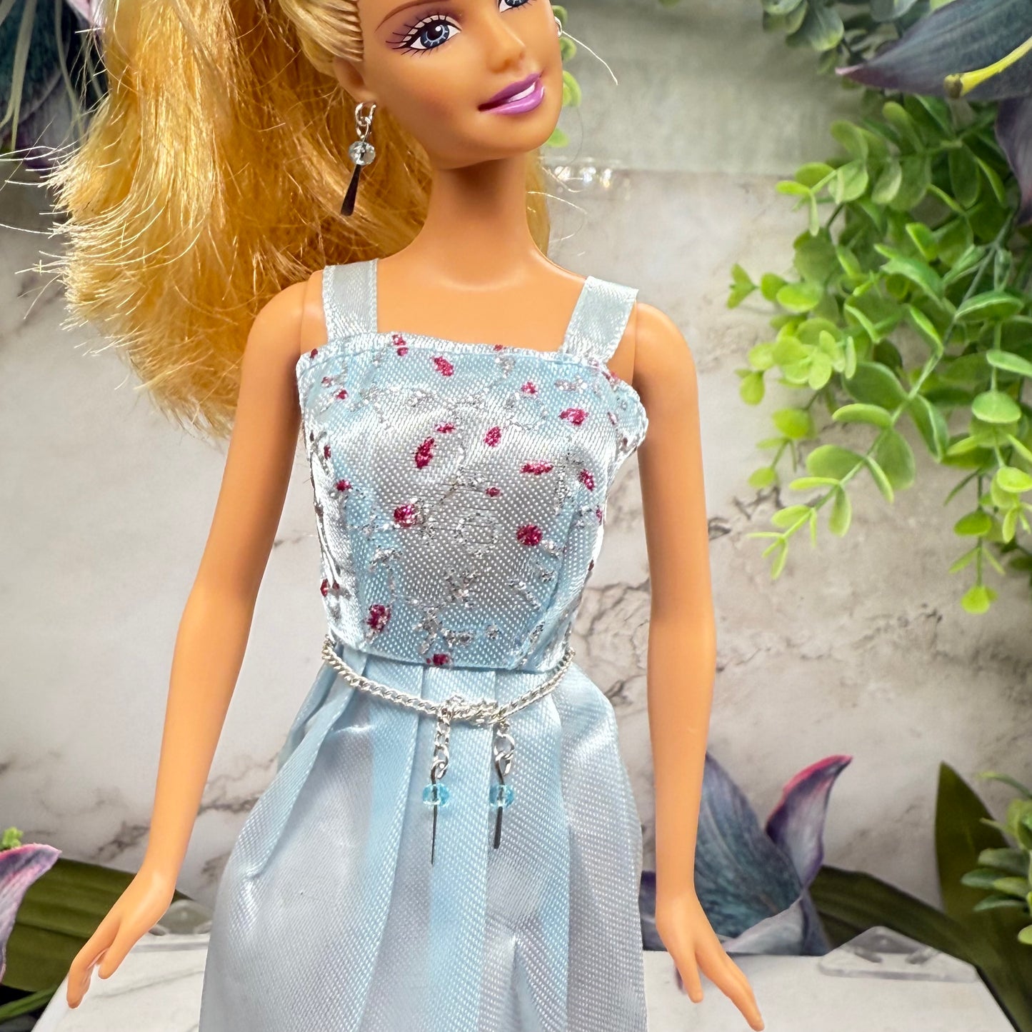 Light Blue Crystal Silver Dangle Wrap Layer Style Doll Necklace / Belt & Earrings • 10-12 Inch Fashion Doll Jewelry 1:6