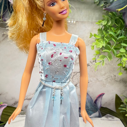 Light Blue Crystal Silver Dangle Wrap Layer Style Doll Necklace / Belt & Earrings • 10-12 Inch Fashion Doll Jewelry 1:6
