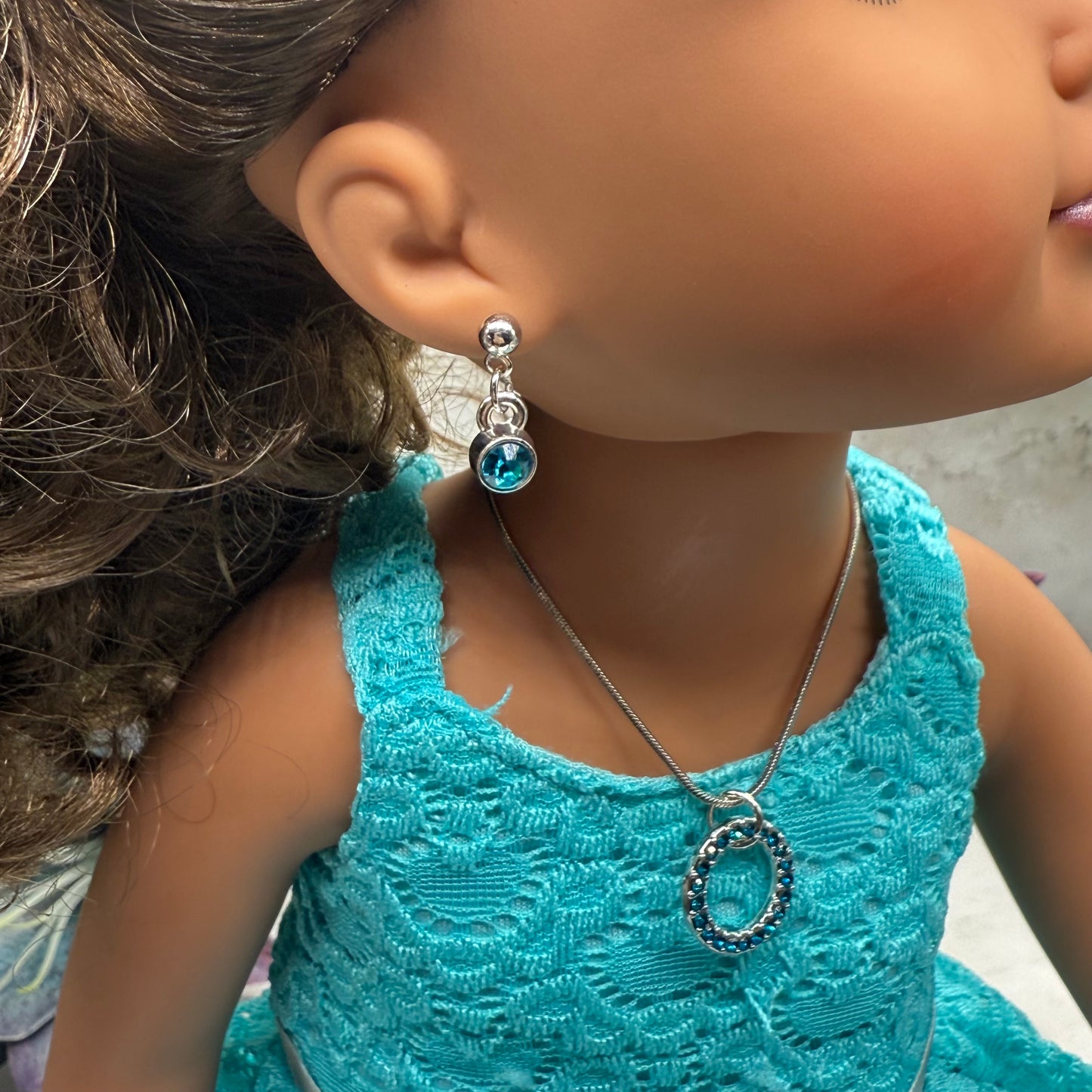 Turquoise Rhinestone Round Pendant Doll Necklace & Earrings Set • 18 Inch Fashion Doll Jewelry