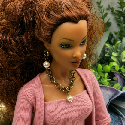 Brass Bronze Large Link Pearl Dangle Doll Necklace & Earrings Set • 16 Inch Fashion Doll Jewelry