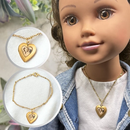 Dog Bulldog Puppy Photo Heart Locket Doll Necklace • 18 Inch Fashion Doll Jewelry