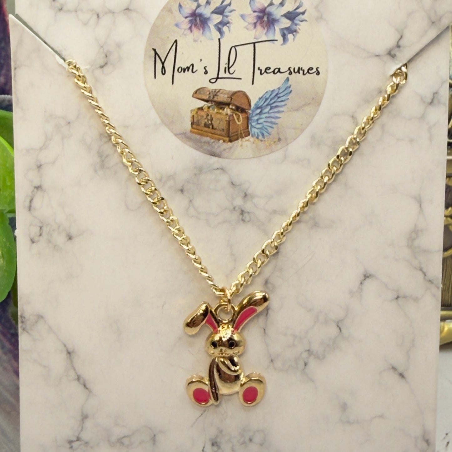Bright Pink Accent Floppy Ear Bunny Charm Gold Doll Necklace • 18 Inch Fashion Doll Jewelry