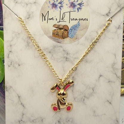 Bright Pink Accent Floppy Ear Bunny Charm Gold Doll Necklace • 18 Inch Fashion Doll Jewelry