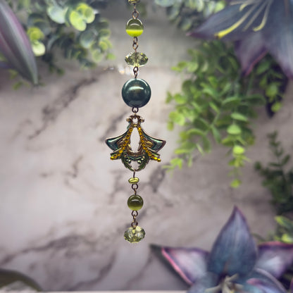 Green  Enamel  Rhinestone  Acrylic Beaded Chain • Car Mirror Charm / Sun Catcher