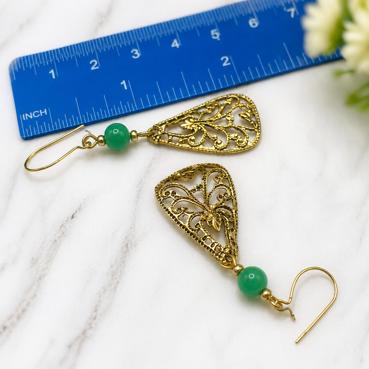 Gold Tone Filigree Design Green Glass Accent Dangle Earrings • Handmade Jewelry